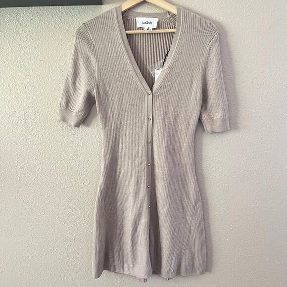 ba&sh Kao Rib A-line sweater mini dress in Beige - Picture 2 of 10